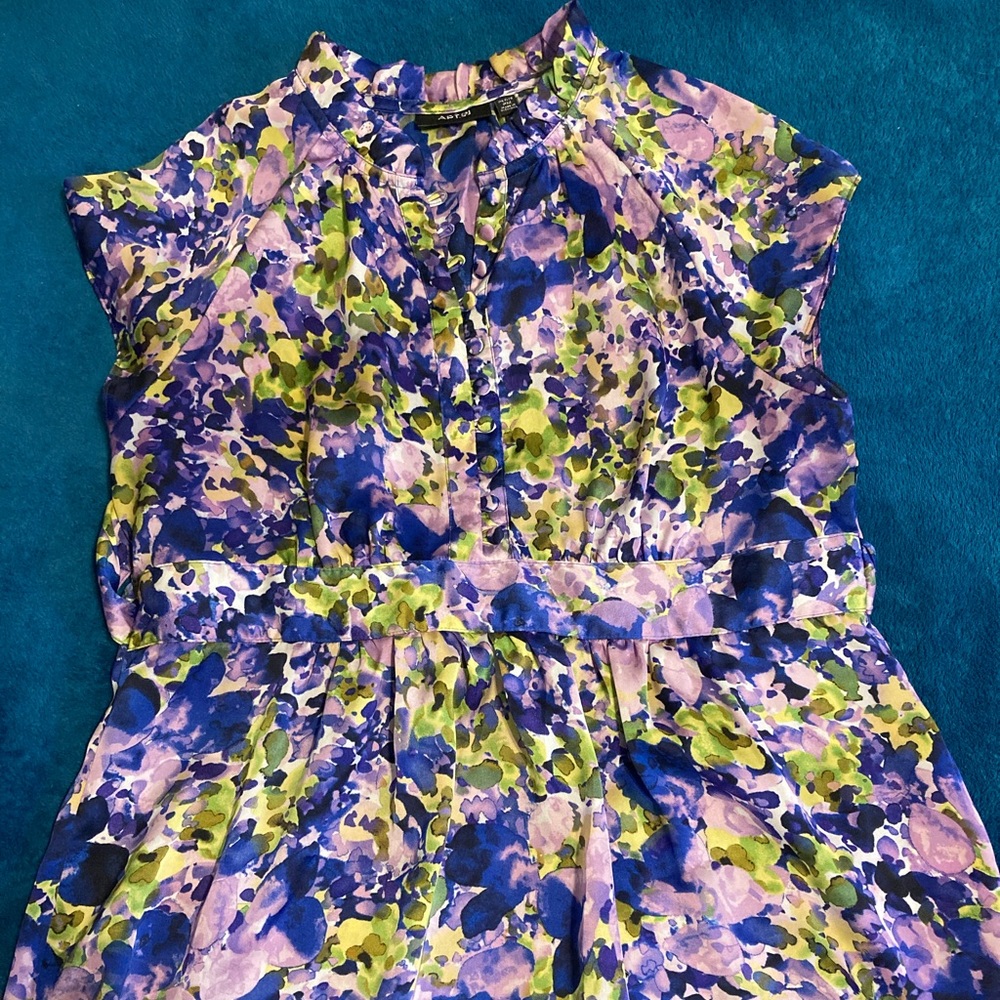 Women’s Petite Silk Purple, Green, and Blue Abstract Blouse